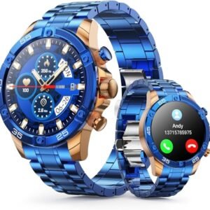 OHUGNA Smart Watch(Bluetooth Answer/Make Call), 1.53" HD Round Gold Blue Smartwatch for Men, IP67 Waterproof Fitness Tracker with Heart Rate Sleep Monitor, Pedometer, Compatible with Android iOS