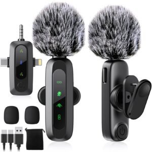 3 IN 1 Wireless Lavalier Microphones for iPhone/Android/Camera Devices(Lightning/USBC/3.5 mm Jack), 2 Pack Mini LED Display Lapel Mic with Mute/Reverb/Noise Reduction for TikTok/YouTube/Vlog Recording