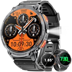 Military Smart Watch for Men 1.85" HD Touch Screen 730mAh Battery Smart Watches with LED Flashlight for Android iOS （Bluetooth Call Answer/Dial Calls） Fitness Tracker with Heart Rate Blood