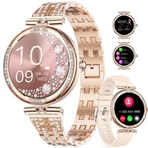 LIGE Smart Watches for Women (Answer/Make Call) with Diamonds，1.19” AMOLED Smartwatch with Heart Rate/SpO2/Sleep Monitor,IP68 Waterproof Fitness Tracker 111 Sport Modes Pedometer for Android iOS,Gold