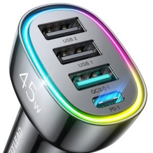 USB C Car Charger, 45W 4 Ports Super Fast Car Charger Adapter, PD3.0 & QC3.0 30W Type C Car Charger for iPhone 16/15/14/13/12/11 Pro Max Plus Samsung Galaxy S24 Ultra/S23 Cigarette Lighter USB Charger